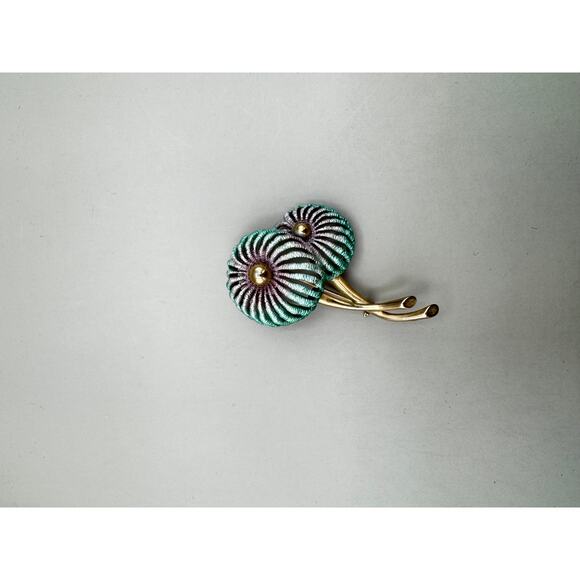 Vintage Enameled Teal and Purple Gold Tone Flower Brooch - Picture 7 of 8